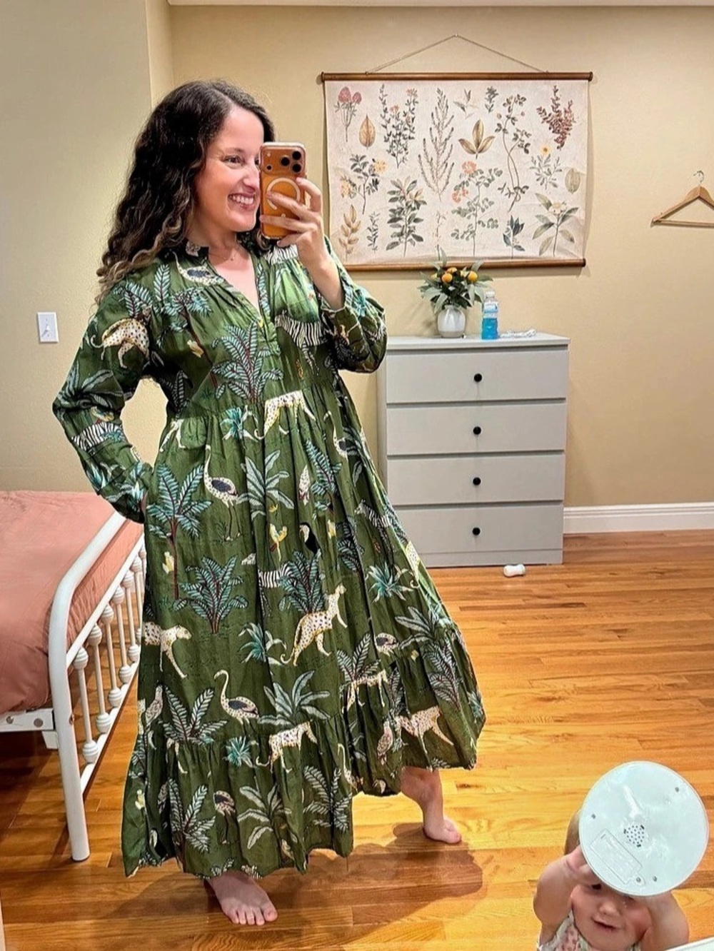 Anthropologie Fox & Hen Animal Print Maxi Dress Cotton in Green Size XL